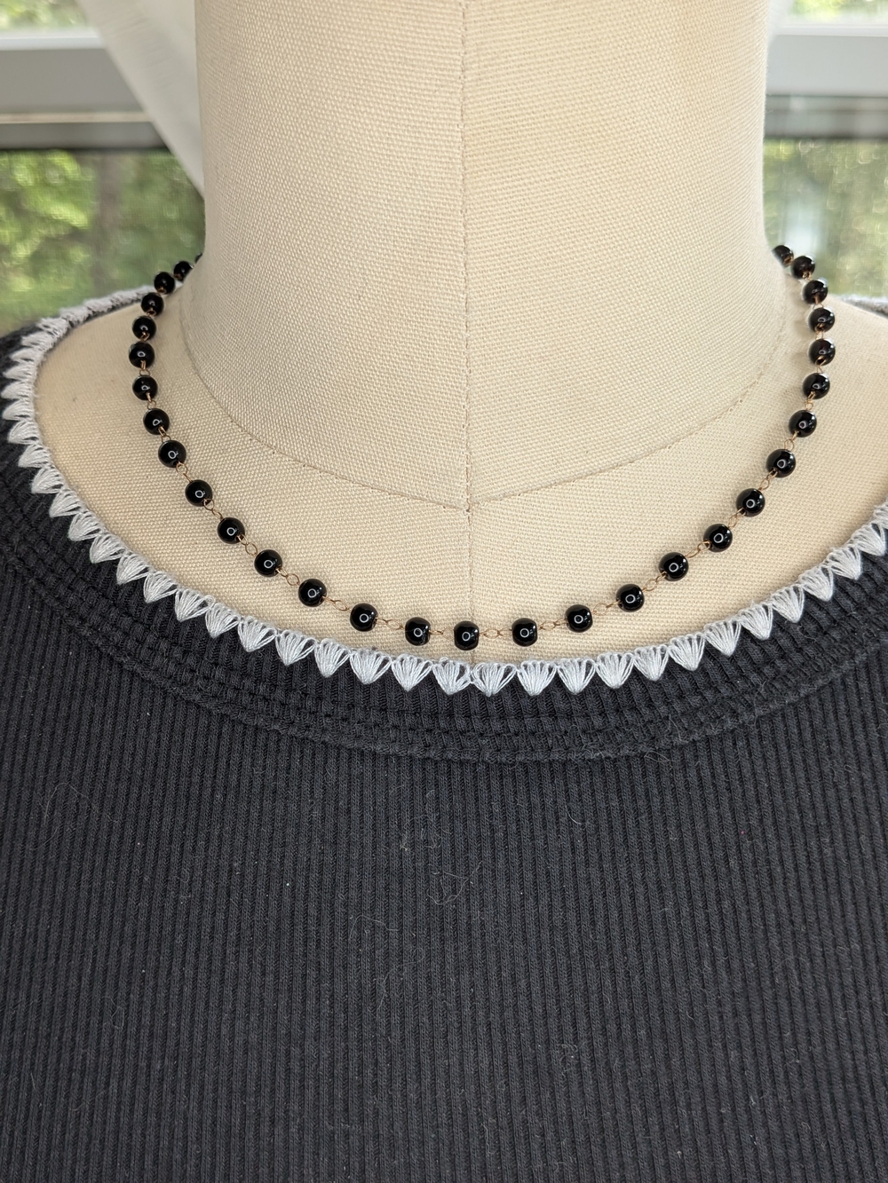Gold Tone Black Beaded Wire Wrapped Rosary Style Choker Necklace